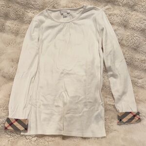 Burberry Size Medium Youth White Long Sleeve Shirt with Plaid Cuffs